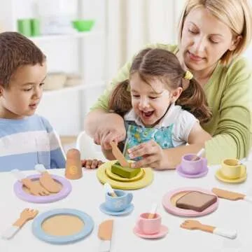 Frogprin 30 PCS Wooden Toy Plates and Dishes for Kids, Play Kitchen Accessories Set, Pretend Play Food Sets for Children Kitchen, Montessori Toys for Girls and Boys