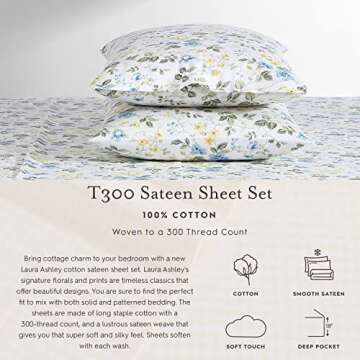 Laura Ashley Home - King Duvet Cover Set, Cotton Sateen Reversible Bedding with Matching Shams, All Season Home Decor (Meadow Floral Blue, King)