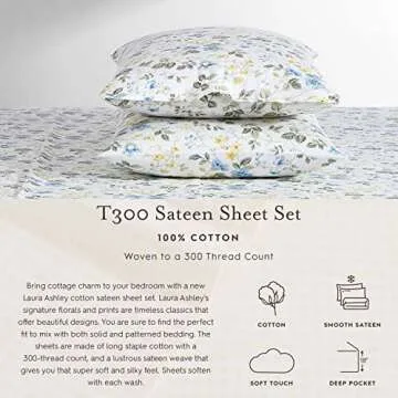 Laura Ashley Home - King Duvet Cover Set, Cotton Sateen Reversible Bedding with Matching Shams, All Season Home Decor (Meadow Floral Blue, King)