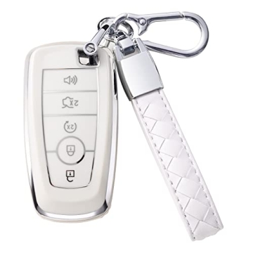 CHEZENHUI Ford Key Fob Cover with Leather Lanyard - Complete Protection for 5 Button Models