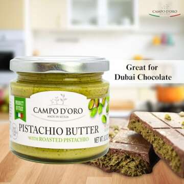 Pistachio Butter Sweet Spreadable Cream, 6.35 oz (180g), Rich & Nutty Pistachio Cream for Knafeh Pistachio Dubai Chocolate Bars, Sweet Sicilian Pistachio Cream Spread, Mix Well After Opening, Pistachios from Sicily, Italy, No Palm Oil, Campo D'Oro