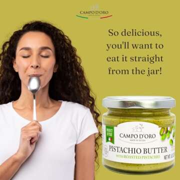Pistachio Butter Sweet Spreadable Cream, 6.35 oz (180g), Rich & Nutty Pistachio Cream for Knafeh Pistachio Dubai Chocolate Bars, Sweet Sicilian Pistachio Cream Spread, Mix Well After Opening, Pistachios from Sicily, Italy, No Palm Oil, Campo D'Oro