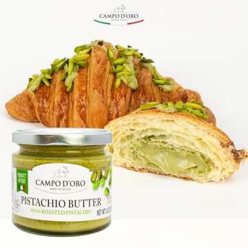 Pistachio Butter Sweet Spreadable Cream, 6.35 oz (180g), Rich & Nutty Pistachio Cream for Knafeh Pistachio Dubai Chocolate Bars, Sweet Sicilian Pistachio Cream Spread, Mix Well After Opening, Pistachios from Sicily, Italy, No Palm Oil, Campo D'Oro