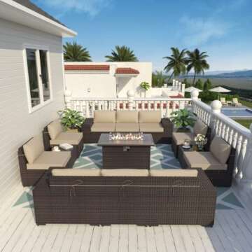 ALAULM 13 Pieces Patio Furniture Set with Propane Fire Pit Table Patio Sectional Sofa 43" Gas Fire P...