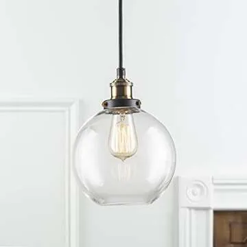 Linea di Liara Primo Large Black and Gold Glass Globe Pendant Light Fixture Farmhouse Pendant Lighting for Kitchen Island Mid Century Modern Ceiling Light Clear Glass Shade, UL Listed