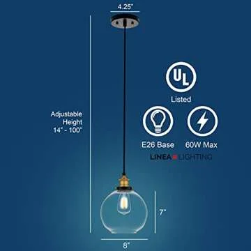 Linea di Liara Primo Large Black and Gold Glass Globe Pendant Light Fixture Farmhouse Pendant Lighting for Kitchen Island Mid Century Modern Ceiling Light Clear Glass Shade, UL Listed