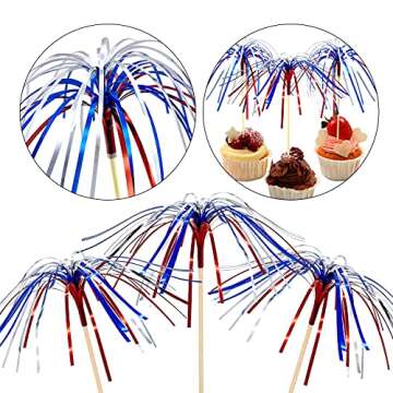 PheiLa Firework Picks 100 Pack 4th of July Cocktail Picks Patriotic Decorative Red White Blue Firewo...