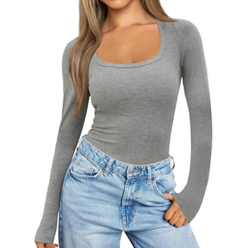 BINOVISOR Women's Ribbed Knit Square Neck Bodysuit