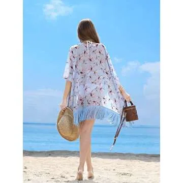 Women's Floral Kimono Cover Up Lightweight Leopard Chiffon Beachwear for Bikini Bathing Suit Cardigan and Swimwear(One Size,Light Blue)