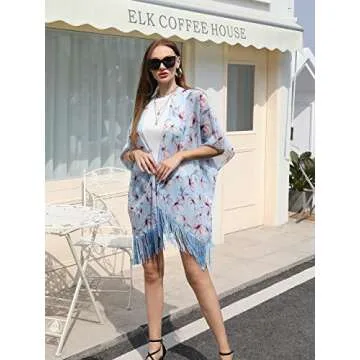 Women's Floral Kimono Cover Up Lightweight Leopard Chiffon Beachwear for Bikini Bathing Suit Cardigan and Swimwear(One Size,Light Blue)