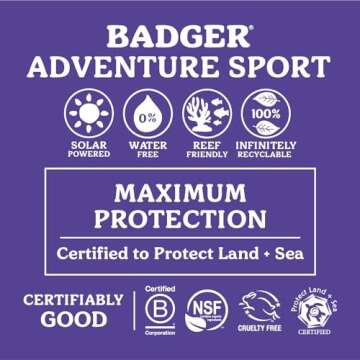 Badger Mineral Sunscreen SPF 50 Zinc Oxide Sunscreen with 98% Organic Ingredients, Reef-Safe, Broad-Spectrum, Hypoallergenic, Water Resistant, Unscented Adventure Sport Sunscreen 2.9 fl oz