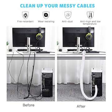 AGPTEK Cable Sleeve Cover, 6.6ft - 2/3 inch Cord Management Wire Organizer Under Desk, Home Office Computer Wire Cover Hider Cord Protector, Protect Cables from Pet Cat Dog Chewing, White