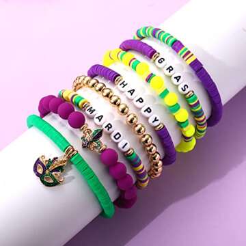 Mardi Gras Heishi Beaded Stretch Bracelets Accessories Handmade Festival Mask Fleur de Lis Charm Pre...