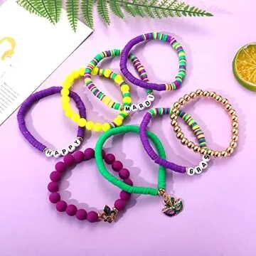 Mardi Gras Heishi Beaded Stretch Bracelets Accessories Handmade Festival Mask Fleur de Lis Charm Preppy Polymer Clay Stackable Bracelets for Women Carnival Parade Party Jewelry