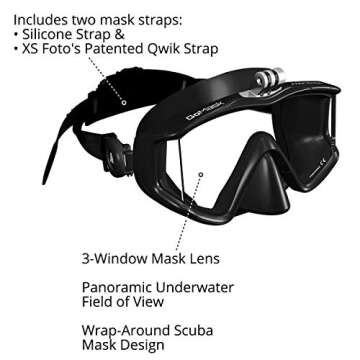 XS Foto Panorama - 3 Window - Extra Qwik Comfort Strap - Built-in Stainless Steel Camera Mount - Diving Mask for GoPro, GoMask (Black Silicone) (MA580BS)