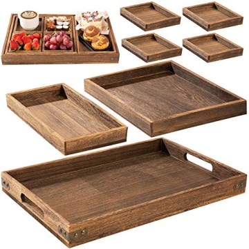 Yangbaga Rustic Wooden Serving Trays with Handle - Set of 7 Rectangular Platters for Entertaining, B...