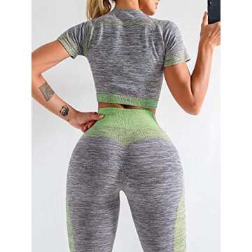 FeelinGirl Women's Workout Outfits 2 Pieces High Waist Tummy Control Leggings with Crop Top Gym Sets Green L