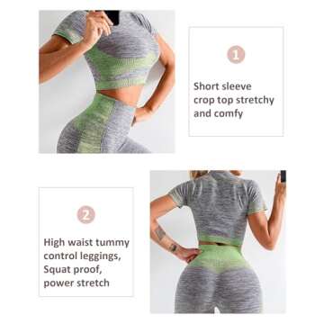 FeelinGirl Women's Workout Outfits 2 Pieces High Waist Tummy Control Leggings with Crop Top Gym Sets Green L