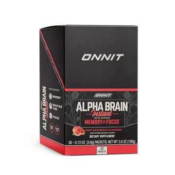 ONNIT Alpha Brain Instant - Ruby Grapefruit Flavor - Nootropic Brain Booster Memory Supplement - Cognitive Support for Focus, Energy & Clarity - Alpha GPC Choline, Cats Claw, L-Theanine, Bacopa - 30ct