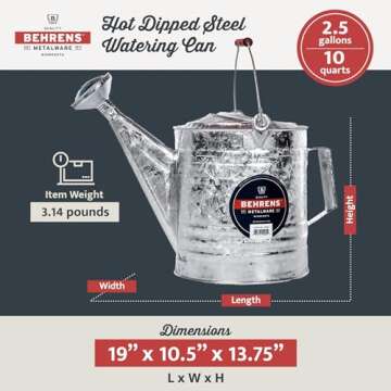 Behrens Weatherproof Hot Dipped Galvanized Steel Watering Can with Wooden Handle and Side Handle for Watering Flowers and Gardens, Gray.