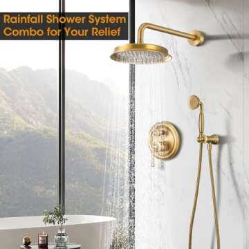 Rainfall Shower Head with Handheld Combo, Brushed Gold Rain Shower System with Balance Pressure Valv...