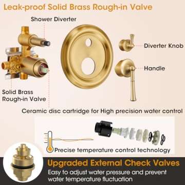 Rainfall Shower Head with Handheld Combo, Brushed Gold Rain Shower System with Balance Pressure Valve, 9 inch Rain Shower Head with Handheld Spray Wall Mount(B2312-BG)