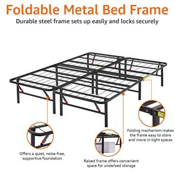 Amazon Basics Bed Frame with Storage, Foldable Metal Platform, Sturdy Steel, No Box Spring Needed, 14 inches High, Tool-Free Setup, King Size, Black