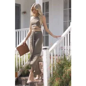 HUUSA Women's Summer Club Slit Maxi Skirt Set Fashion Nova Dresses Sleeveless Crewneck High Waist 2 Piece Long Dress Set with Slit Olive S