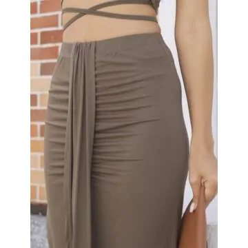 HUUSA Women's Summer Club Slit Maxi Skirt Set Fashion Nova Dresses Sleeveless Crewneck High Waist 2 Piece Long Dress Set with Slit Olive S