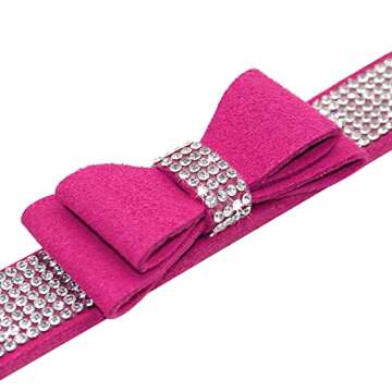 Beirui Rhinestone Bling Leather Dog Collar and Leash Set - Soft Flocking Sparkly Crystal Diamonds Studded - Cute Double Bowknot Collar with 4 Foot Leash for Pet Show,Hot Pink,Neck fit 12.5-15"