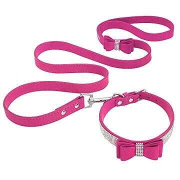 Beirui Rhinestone Bling Leather Dog Collar and Leash Set - Soft Flocking Sparkly Crystal Diamonds Studded - Cute Double Bowknot Collar with 4 Foot Leash for Pet Show,Hot Pink,Neck fit 12.5-15"