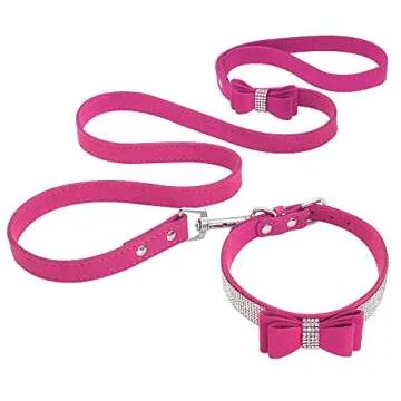 Beirui Rhinestone Bling Leather Dog Collar and Leash Set - Soft Flocking Sparkly Crystal Diamonds Studded - Cute Double Bowknot Collar with 4 Foot Leash for Pet Show,Hot Pink,Neck fit 12.5-15"