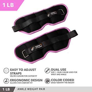 Day 1 Fitness Ankle Weight Pair 1.0 LBS, Set of 2 with Adjustable Velcro Straps - Breathable, Moisture Absorbent Weight Straps for Men and Women - Comfortable Ankle, Wrist Weights