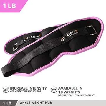 Day 1 Fitness Ankle Weight Pair 1.0 LBS, Set of 2 with Adjustable Velcro Straps - Breathable, Moisture Absorbent Weight Straps for Men and Women - Comfortable Ankle, Wrist Weights