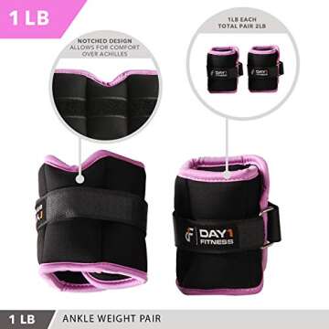 Day 1 Fitness Ankle Weight Pair 1.0 LBS, Set of 2 with Adjustable Velcro Straps - Breathable, Moisture Absorbent Weight Straps for Men and Women - Comfortable Ankle, Wrist Weights