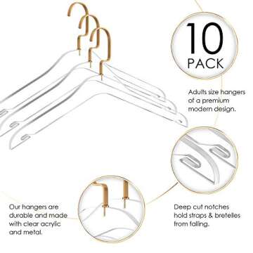 Elavain Acrylic Hanger | Sleek, Modern Clothes Hanger with Gold Hook | High End Closest Organizer Space Saving Hangers for Shirts, Jackets, Sweaters, Tops & More | 10 Pack