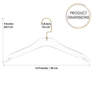 Elavain Acrylic Hanger | Sleek, Modern Clothes Hanger with Gold Hook | High End Closest Organizer Space Saving Hangers for Shirts, Jackets, Sweaters, Tops & More | 10 Pack