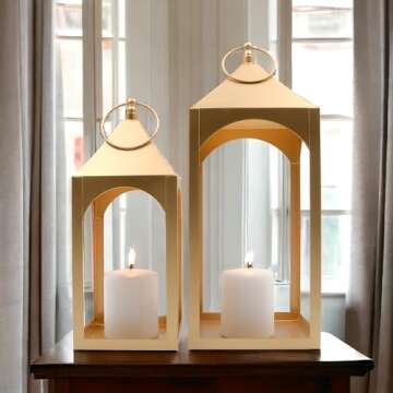 Hosley Set of 2 Modern Metal Classic Style Lanterns Gold. Ideal Gift for Parties Weddings Aromatherapy and LED Spa Settings
