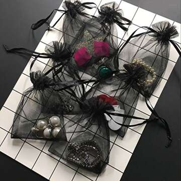 Wudygirl 100pcs Drawstring Organza Bags 5 x 7 Inch Black Transparent Jewelry Lipstick Pouches Baby Shower Party Wedding Holidays Favor Seashell Candy Favor Bags(Black 5x7'')