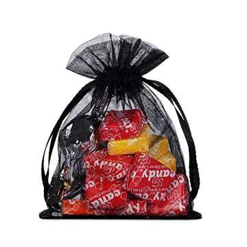 Wudygirl 100pcs Drawstring Organza Bags 5 x 7 Inch Black Transparent Jewelry Lipstick Pouches Baby Shower Party Wedding Holidays Favor Seashell Candy Favor Bags(Black 5x7'')