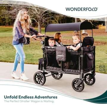 WONDERFOLD W4 Luxe Stroller Wagon (4 Seater) - Collapsible Wagon Stroller with Seats with Magnetic Buckle 5-Point Harnesses and Sun Canopy, Black