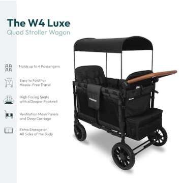 WONDERFOLD W4 Luxe Stroller Wagon (4 Seater) - Collapsible Wagon Stroller with Seats with Magnetic Buckle 5-Point Harnesses and Sun Canopy, Black
