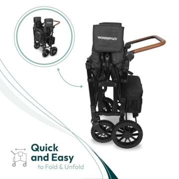 WONDERFOLD W4 Luxe Stroller Wagon (4 Seater) - Collapsible Wagon Stroller with Seats with Magnetic Buckle 5-Point Harnesses and Sun Canopy, Black