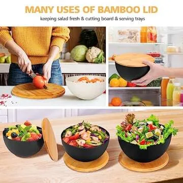 ShineMe Salad Bowl Set of 3, Natural Bamboo Fiber Salad Serving Bowls with Lids,Mixing Bowl for Preparing and Serving Salad, Cereal, Fruit, Veggies, Popcorn,Chips & Bread(10",8",6")