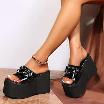 Black High Wedge Heel Summer Gothic Sandals Platform Slip on Open Toe Slippers US5.5-11 Black heart 7