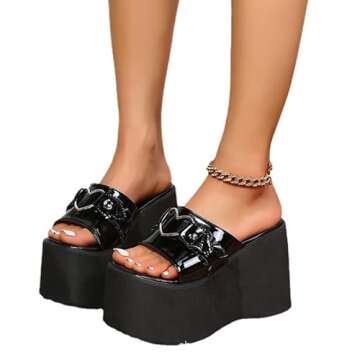 Black High Wedge Heel Summer Gothic Sandals Platform Slip on Open Toe Slippers US5.5-11 Black heart 7