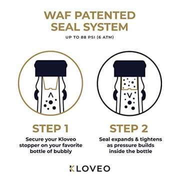 Champagne Stoppers by Kloveo - Patented Seal - Made in Italy - Professional Grade WAF Champagne Bottle Stopper - Prosecco, Cava, and Sparkling Wine Stopper - Gold