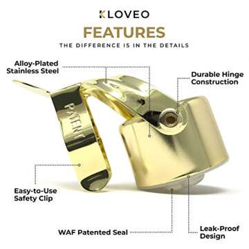 Champagne Stoppers by Kloveo - Patented Seal - Made in Italy - Professional Grade WAF Champagne Bottle Stopper - Prosecco, Cava, and Sparkling Wine Stopper - Gold