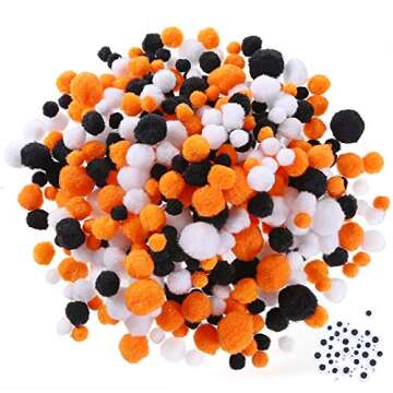 Caydo 500 Pieces 4 Size Halloween Pom Poms and 50 Pieces 4 Size Wiggle Eyes for Halloween DIY, Creat...