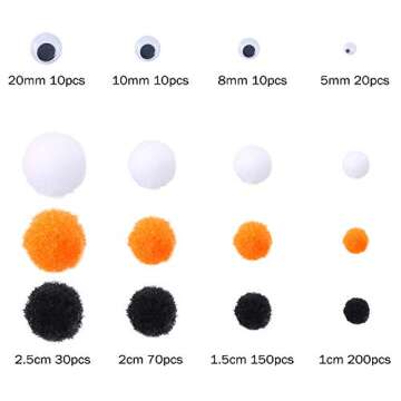 Caydo 500 Pieces 4 Size Halloween Pom Poms and 50 Pieces 4 Size Wiggle Eyes for Halloween DIY, Creative Crafts Decorations(Black, White, Orange)